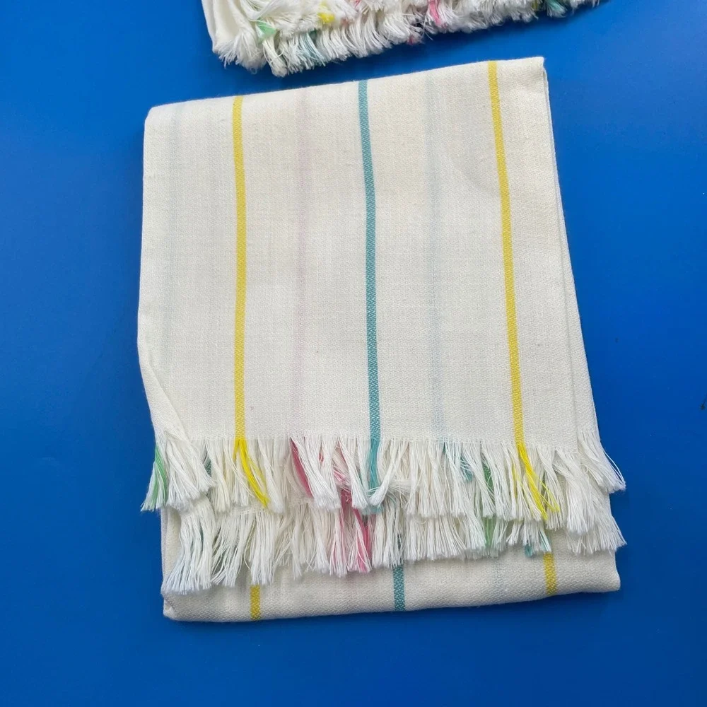 Vintage Pastel Ribbon Stripe Kitchen Towels Flat Weave 6 Matching Set Fringed